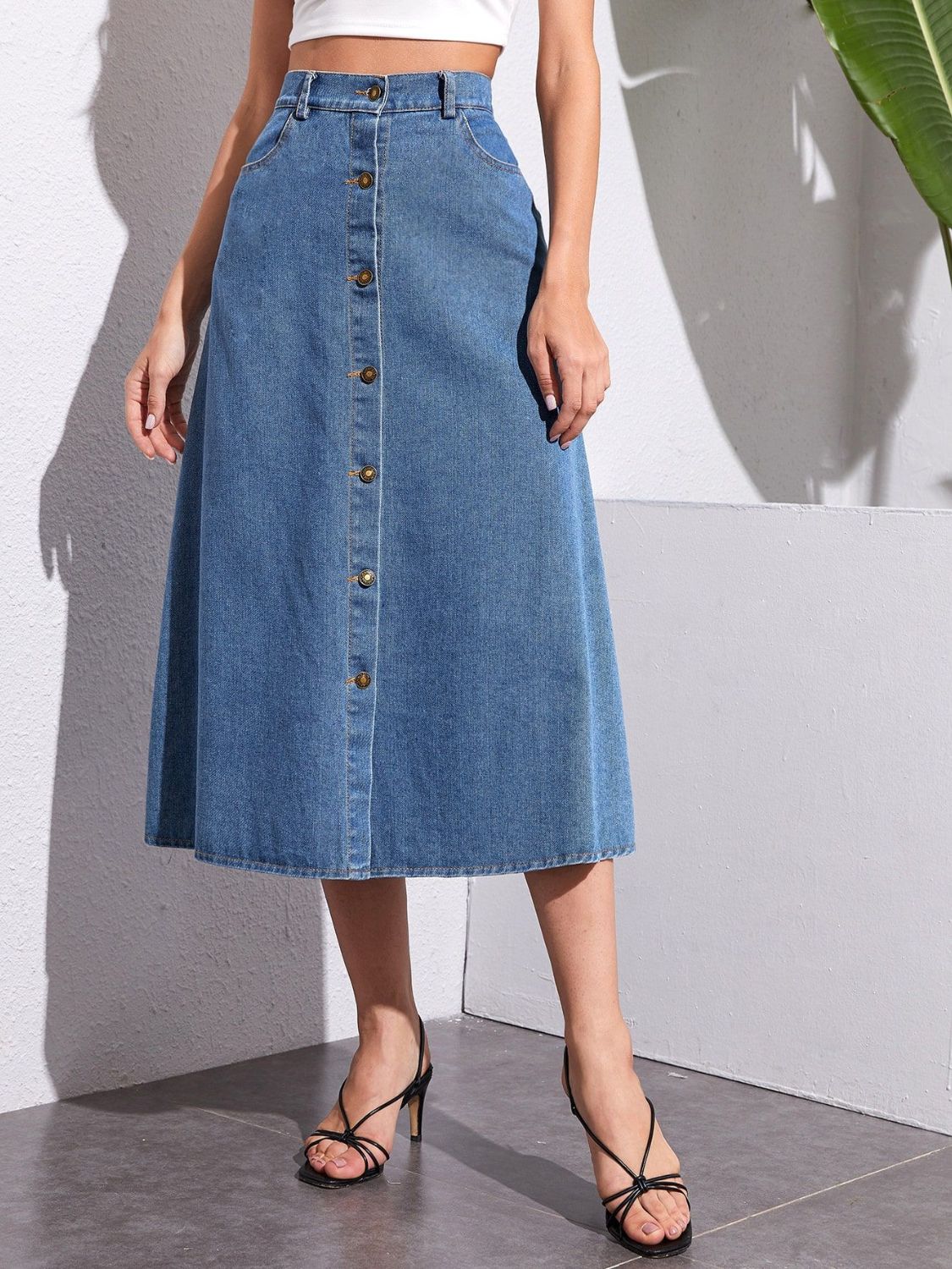 Buttoned Midi Denim Skirt with Pockets - Little Miss Vanilla