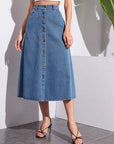 Buttoned Midi Denim Skirt with Pockets - Little Miss Vanilla