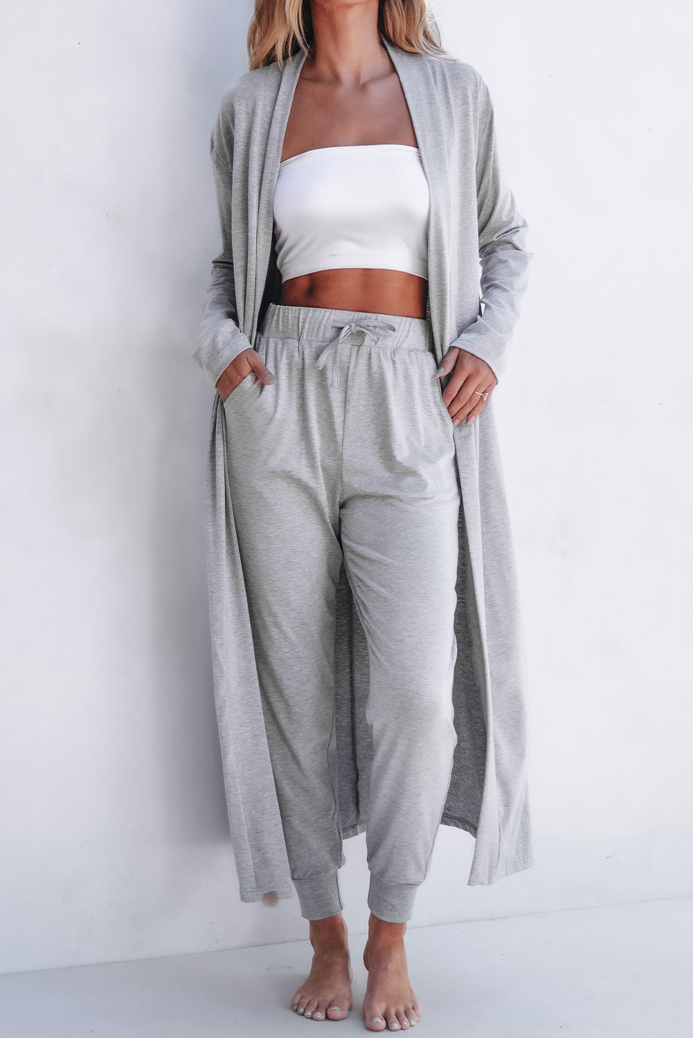 Light Grey Split Long Cardigan and Skinny Pants Lounge Set - Little Miss Vanilla