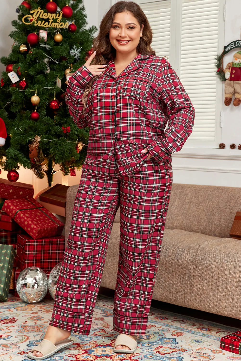 Plus Size Plaid Collared Neck Top and Pants Lounge Set - Little Miss Vanilla