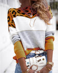 Colorblock Leopard Print Round Neck Casual Sweater Women's Clothing