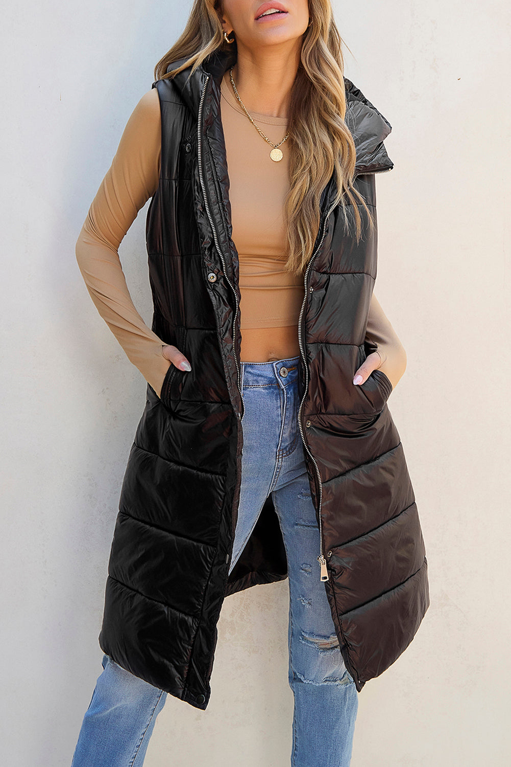 Black Hooded Long Quilted Vest Coat - Little Miss Vanilla