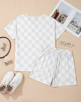 Beige Checkered V Neck Tee Drawstring Shorts Lounge Set - Little Miss Vanilla