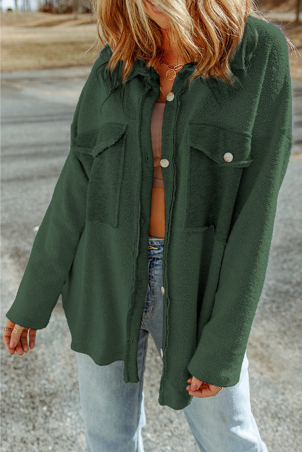 Green Contrast Flap Pockets Relaxed Shacket - Little Miss Vanilla