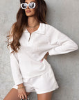 White Ribbed Zipper Sweatshirt and High Waist Shorts Set - Little Miss Vanilla