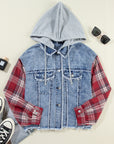 Beau Blue Plaid Print Patchwork Hooded Raw Hem Denim Jacket