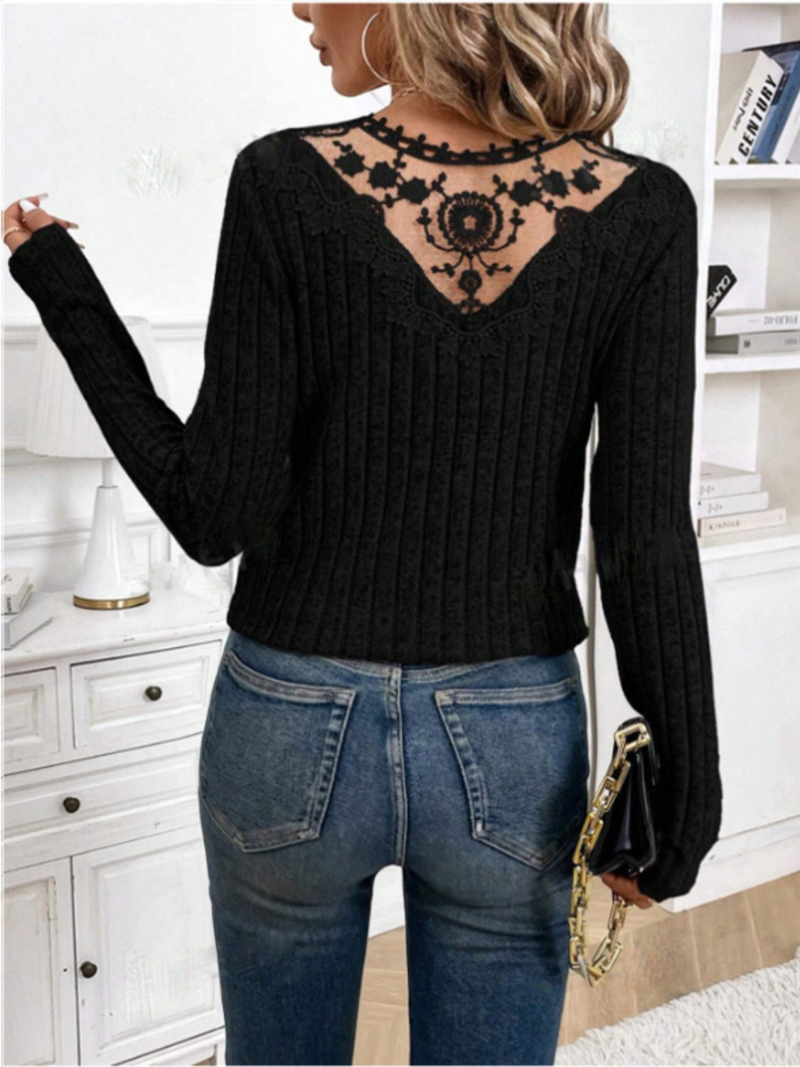 Lace Detail V-Neck Long Sleeve T-Shirt - Little Miss Vanilla