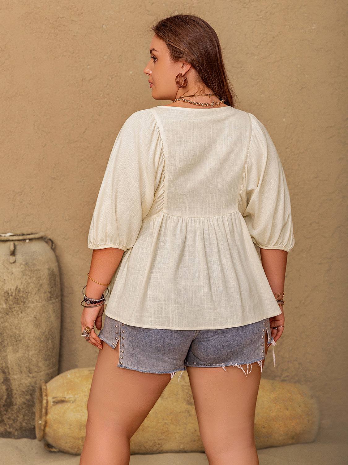 Plus Size Peplum V-Neck Half Sleeve Blouse - Little Miss Vanilla