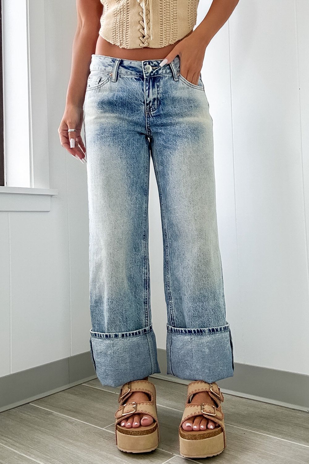 Washed Wide Leg Jeans with Pockets - Little Miss Vanilla