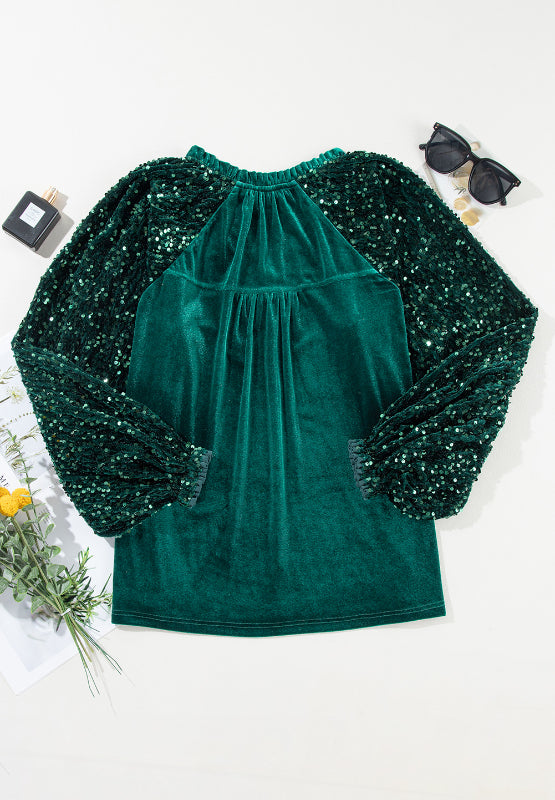 Sequin Notched Long Sleeve Blouse - Little Miss Vanilla