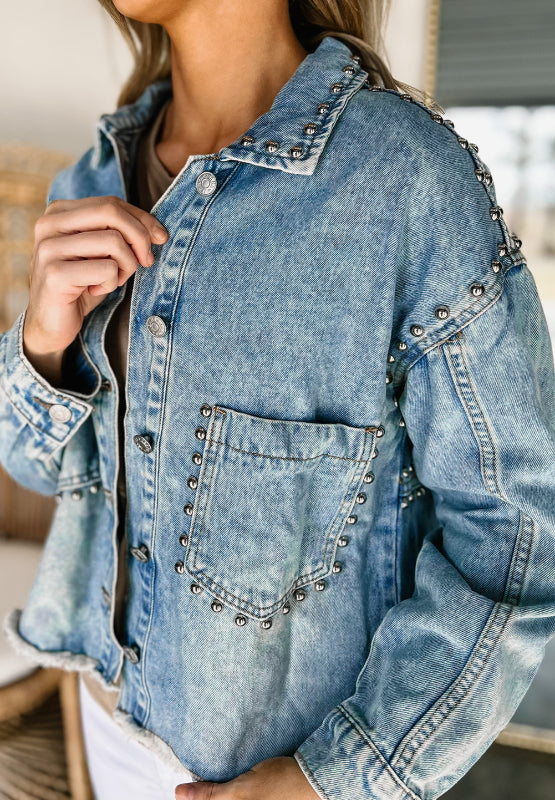 Studded Acid Wash Long Sleeve Denim Jacket - Little Miss Vanilla