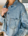 Studded Acid Wash Long Sleeve Denim Jacket - Little Miss Vanilla