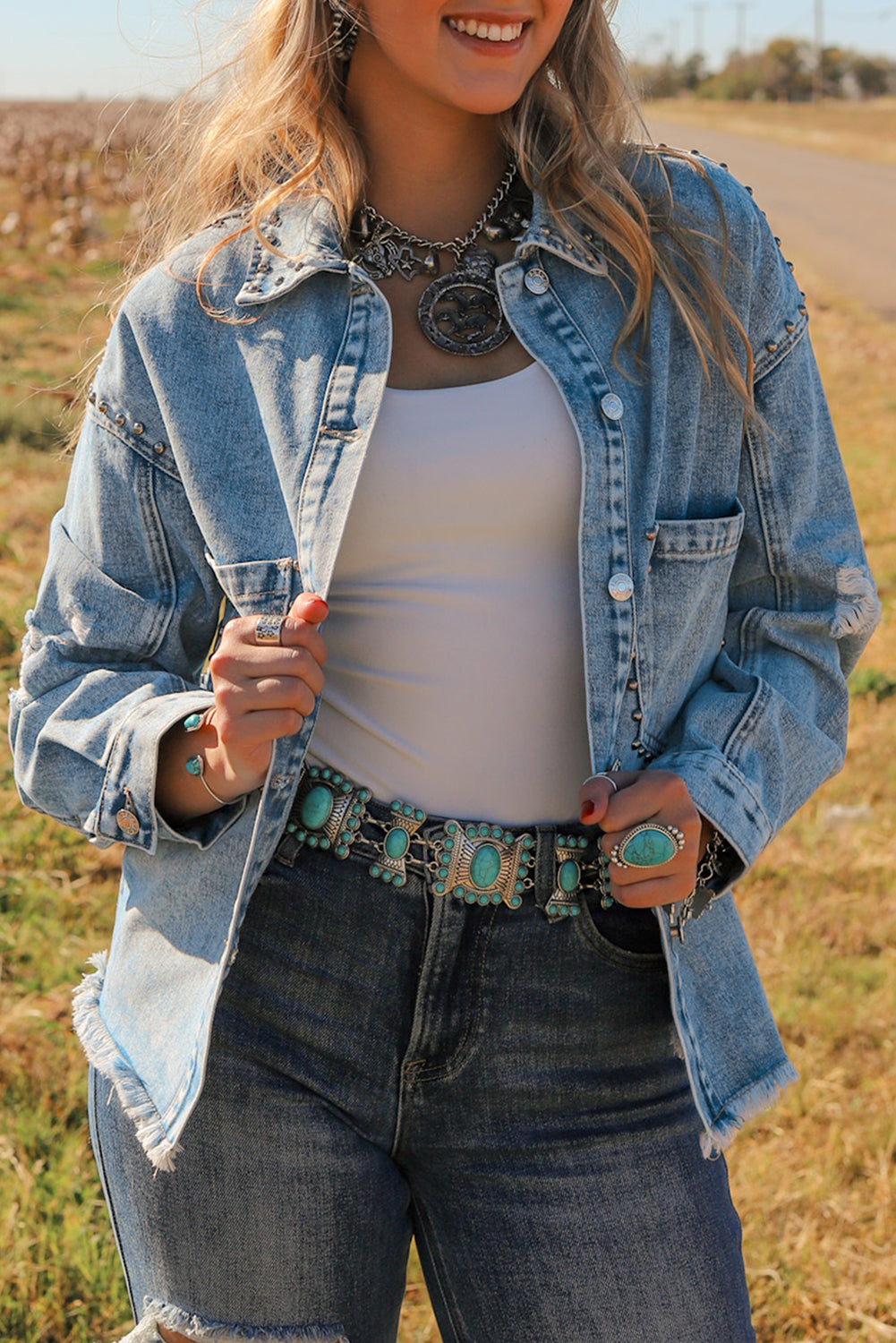 Studded Acid Wash Long Sleeve Denim Jacket - Little Miss Vanilla