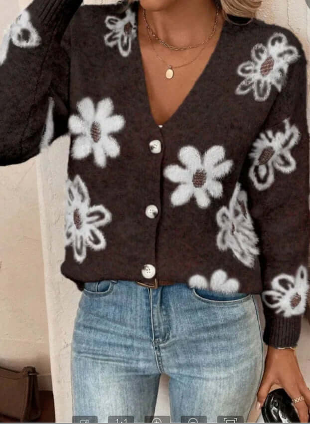 Flowers Print Button Front Cardigan