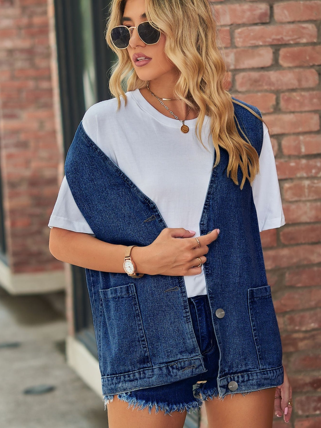 Full Size V-Neck Button Up Denim Vest - Little Miss Vanilla