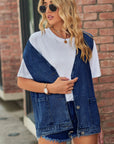 Full Size V-Neck Button Up Denim Vest - Little Miss Vanilla