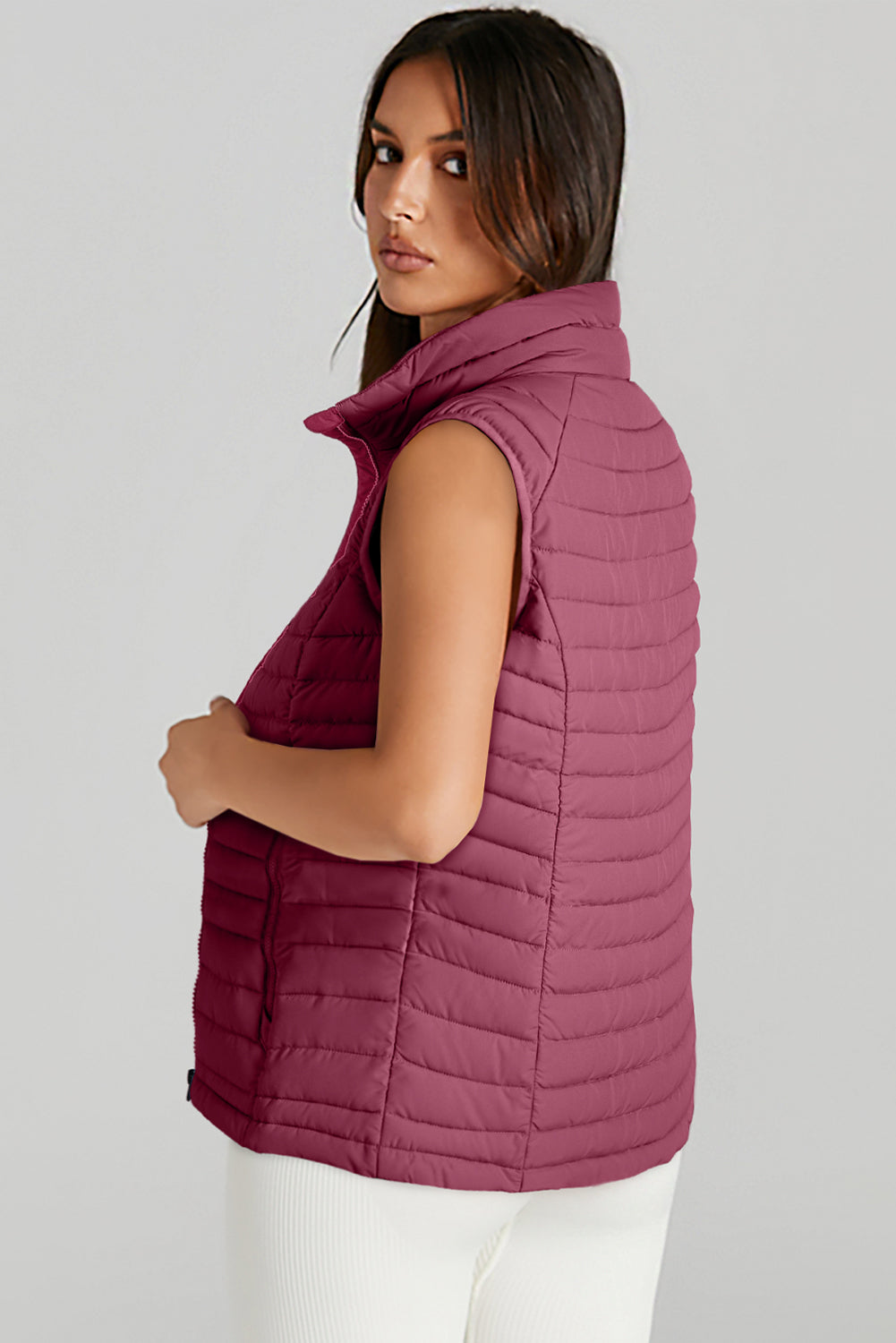 Burgundy Plush Collared Quilted Zipped Puffer Vest - Little Miss Vanilla