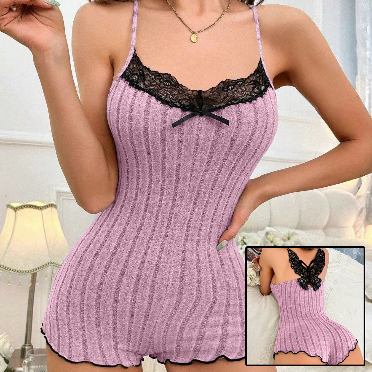 Women's Fashion Butterfly Back Pajamas Lace Strap One-piece Pajamas Lingerie - Little Miss Vanilla