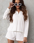 White Ribbed Zipper Sweatshirt and High Waist Shorts Set - Little Miss Vanilla