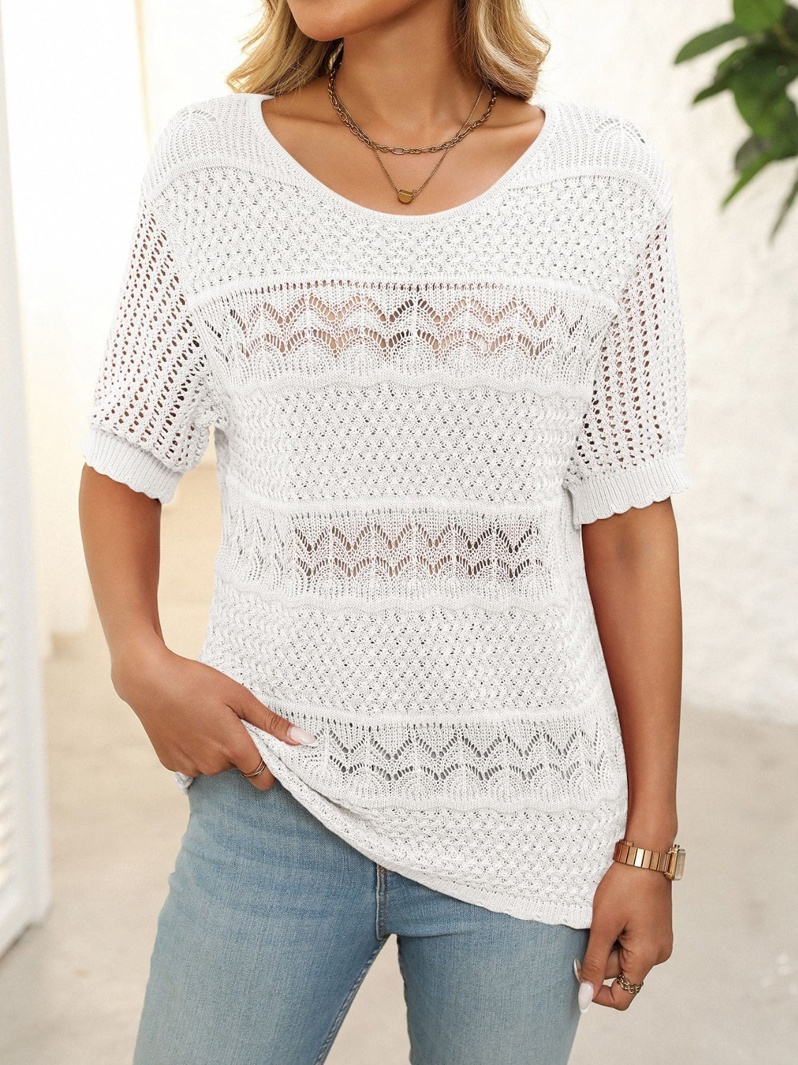 Mandy Openwork Round Neck Half Sleeve Knit Top - Little Miss Vanilla