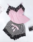 Summer pink silk satin pajamas with black lace and striped shorts, perfect for women's home wear.