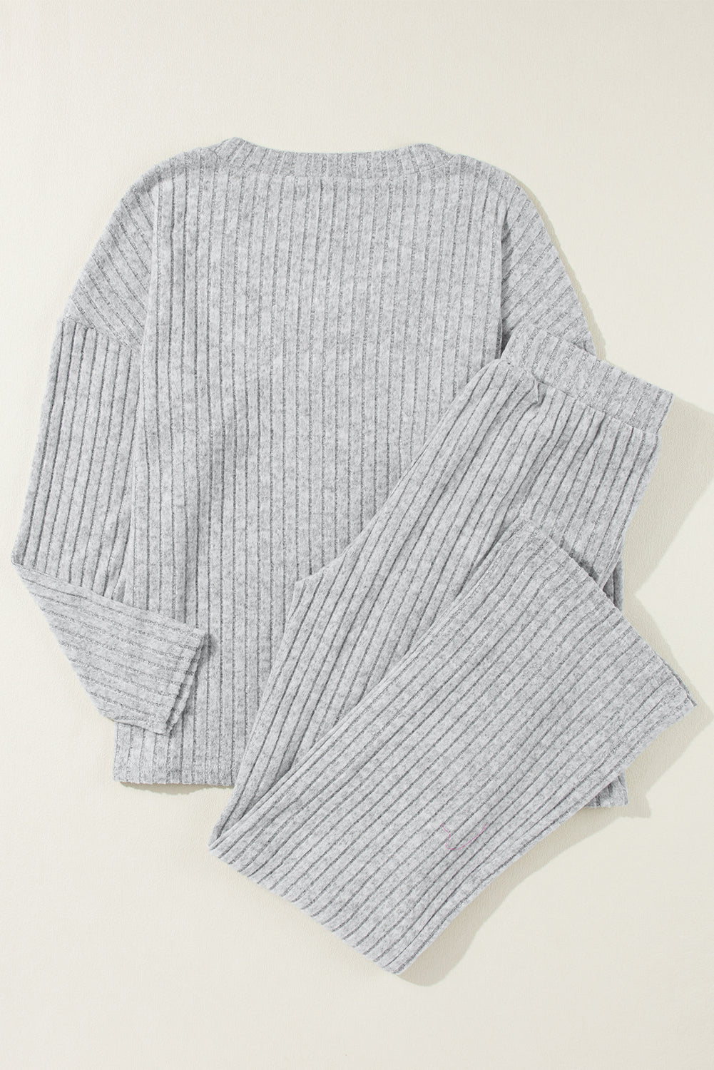 Light Grey Ribbed Knit V Neck Slouchy Two-piece Outfit - Little Miss Vanilla