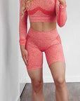 Long-sleeved Yoga Set Women Seamless Gym Tops Shorts