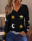 Sun Moon Star Butterfly Graphic Breathable Printed V-neck Long Sleeve T-shirt