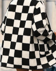 Black Checkered Side Pockets Collared Buttoned Fleece Jacket