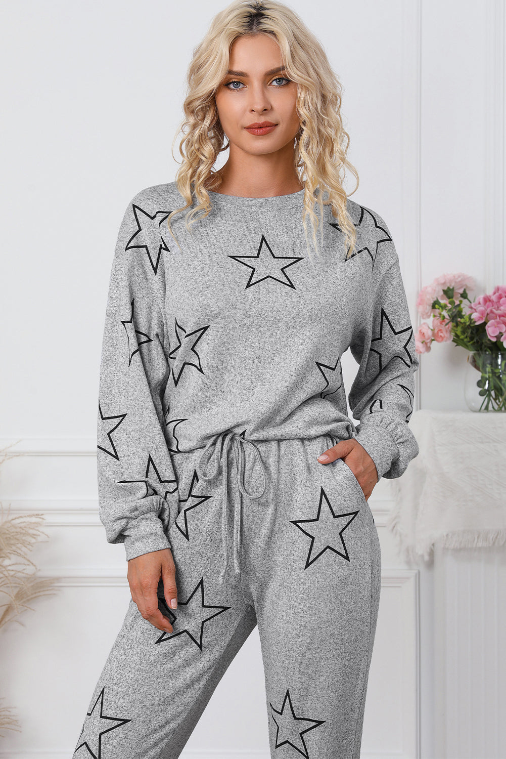 Gray Stars Print Long Sleeve Drawstring High Waist Lounge Set - Little Miss Vanilla