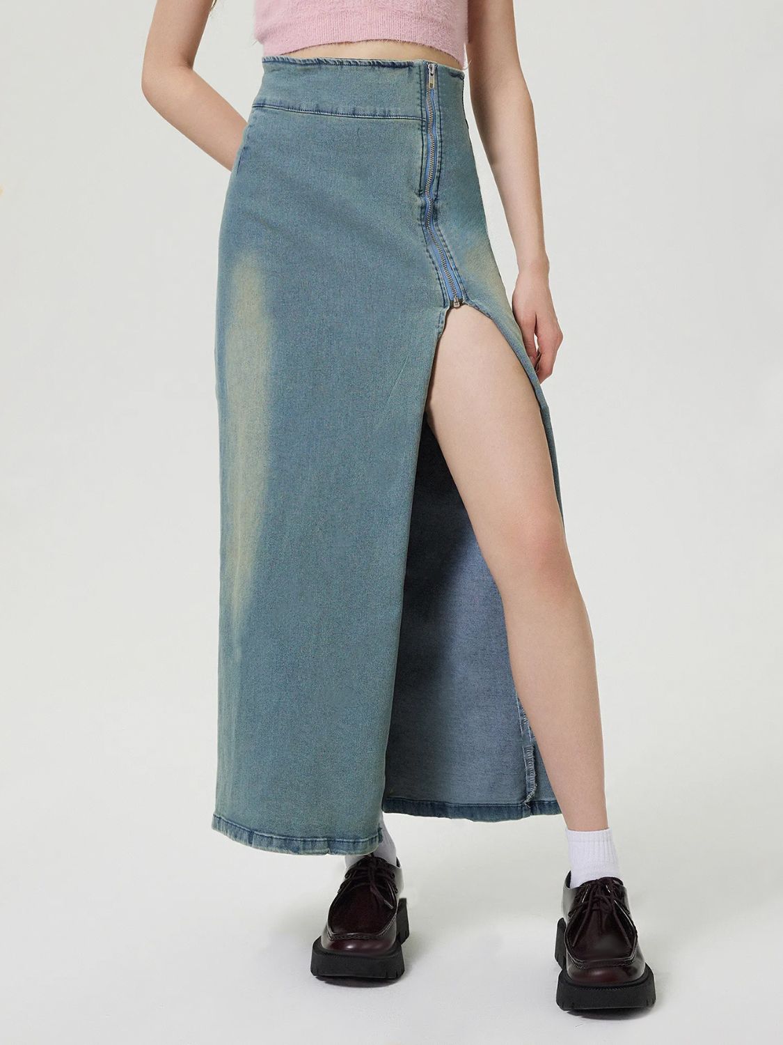 Slit Denim Skirt with Zip - Little Miss Vanilla