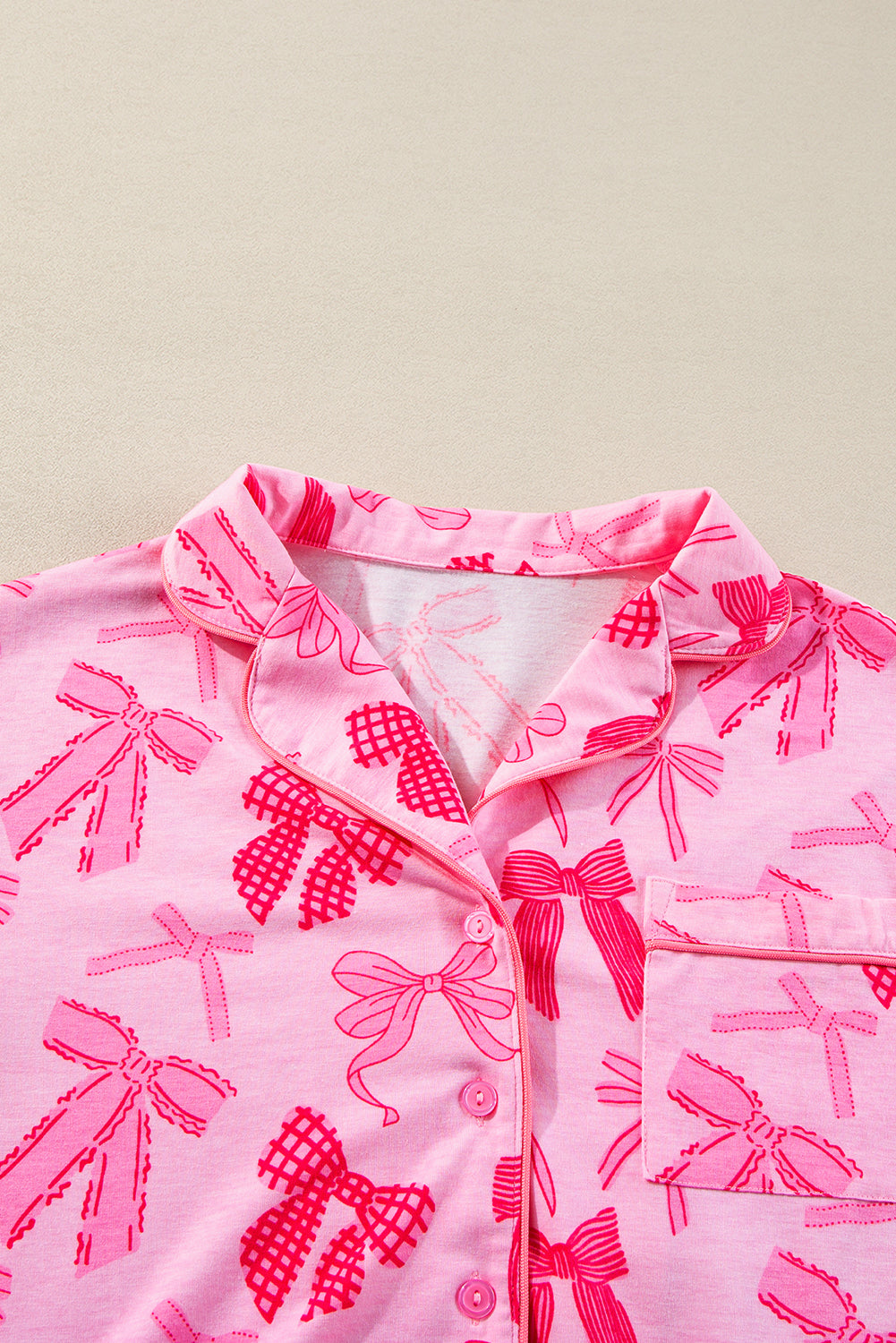 Pink Bow Knot Print Lapel Collar Short Sleeve and Pants Pajamas Set - Little Miss Vanilla