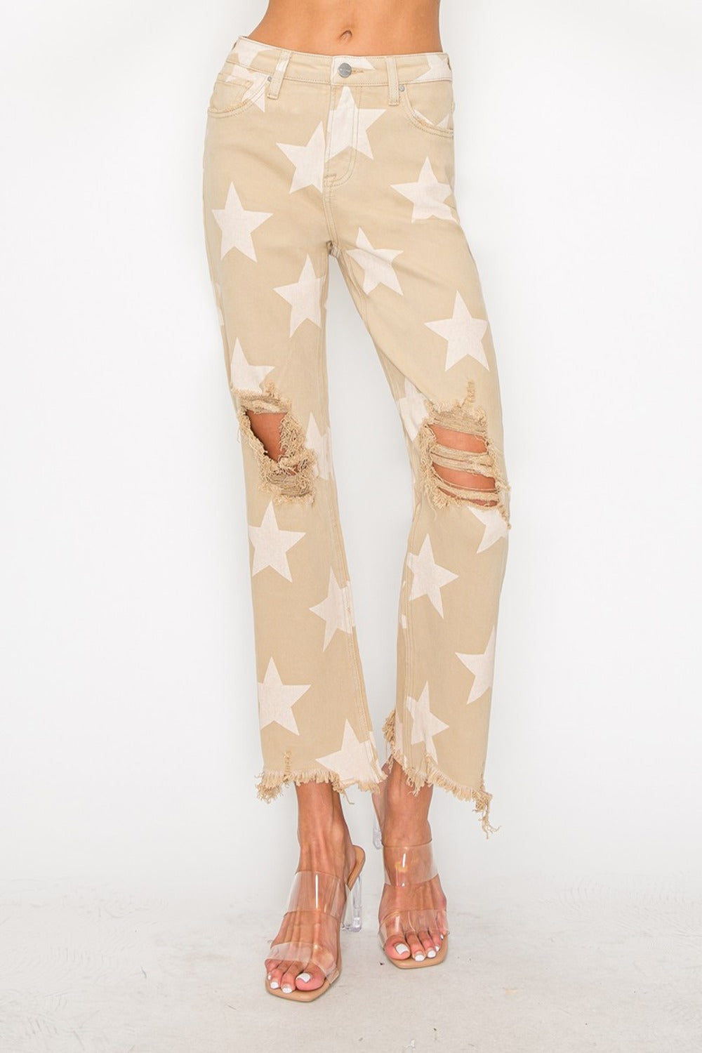 RISEN Full Size High Rise Star Printed Frayed Hem Jeans - Little Miss Vanilla