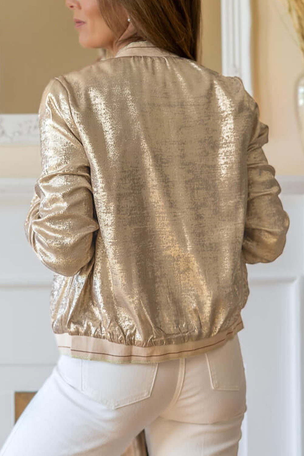 Pale Khaki Metallic Zip up Baseball Jacket - Little Miss Vanilla