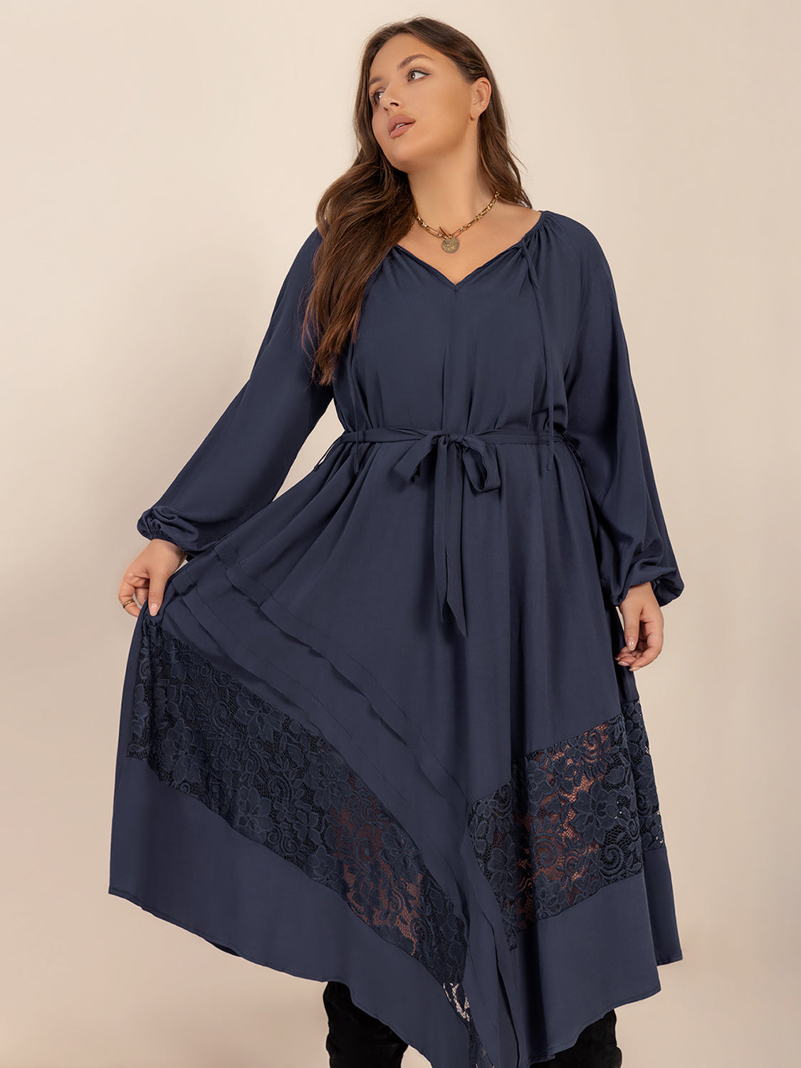 Plus Size Lace Detail Tie Neck Long Sleeve Midi Dress - Little Miss Vanilla