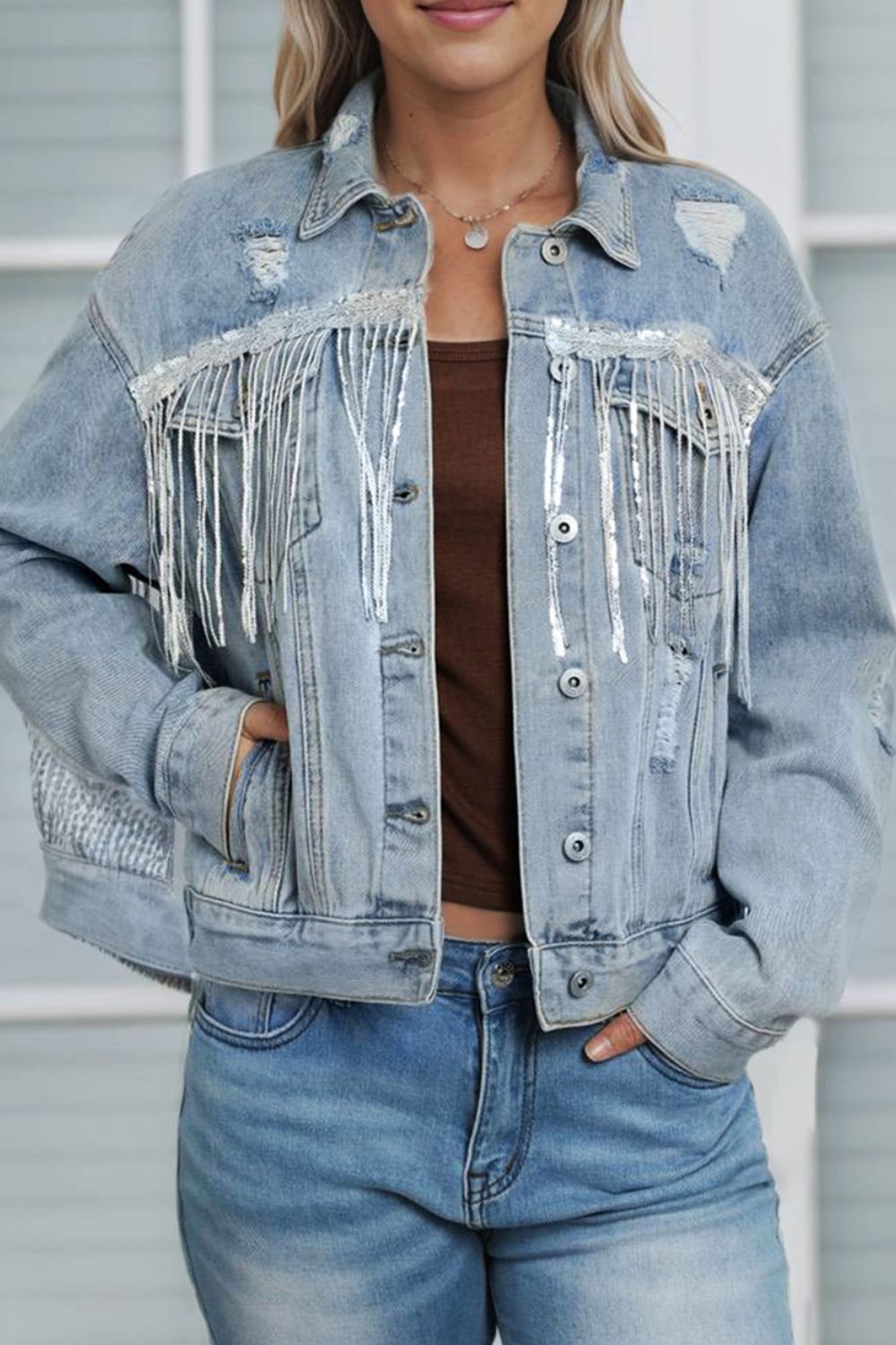 Sequin Fringe Trim Distressed Button Up Denim Jacket - Little Miss Vanilla