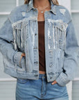 Sequin Fringe Trim Distressed Button Up Denim Jacket - Little Miss Vanilla