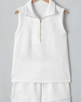 White Textured Half Zip Tank Top Drawstring Shorts Set