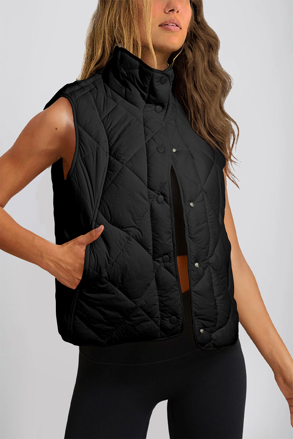 Black Quilted High Neck Button Up Pocket Vest Coat - Little Miss Vanilla