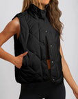 Black Quilted High Neck Button Up Pocket Vest Coat - Little Miss Vanilla