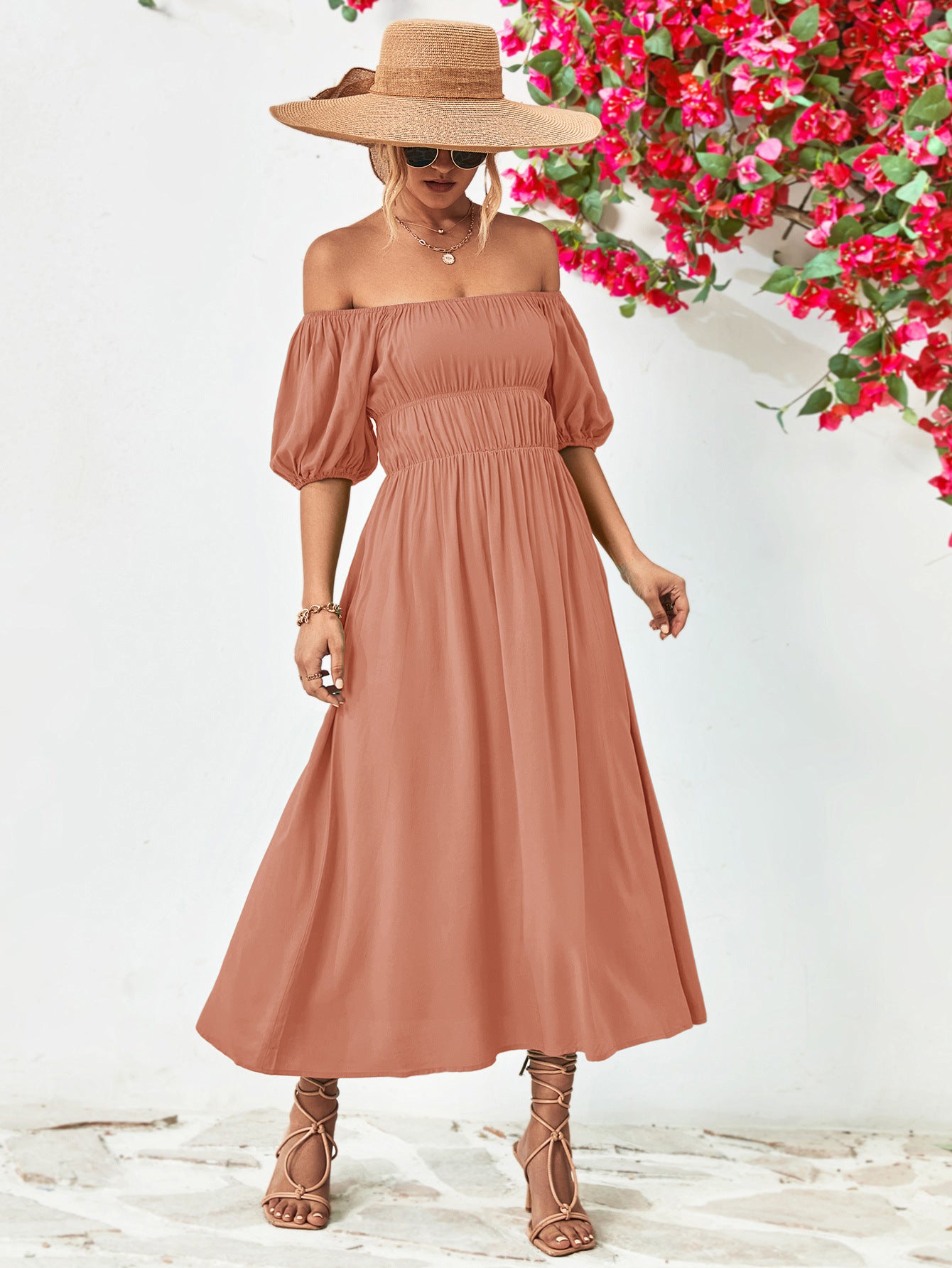 Off-Shoulder Balloon Sleeve Midi Dress - Little Miss Vanilla