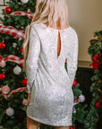 Silvery Sequin Long Sleeve Tie Waist Mini Dress - Little Miss Vanilla