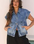 Ashleigh Blue Acid Wash Elastic Hem Button Up Denim Vest