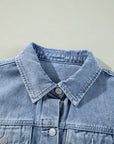 Beau Blue Ruffle Raw Hem Flap Pockets Denim Jacket