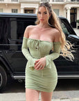 Fashion Slim Off-shoulder Long Sleeve Dress Sexy Tie Pleated Short Dresses Womens Clothing