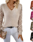 Solid V-neck Pullover Sweater With Hollow Long Sleeve Fashion Tops For Women Clothing