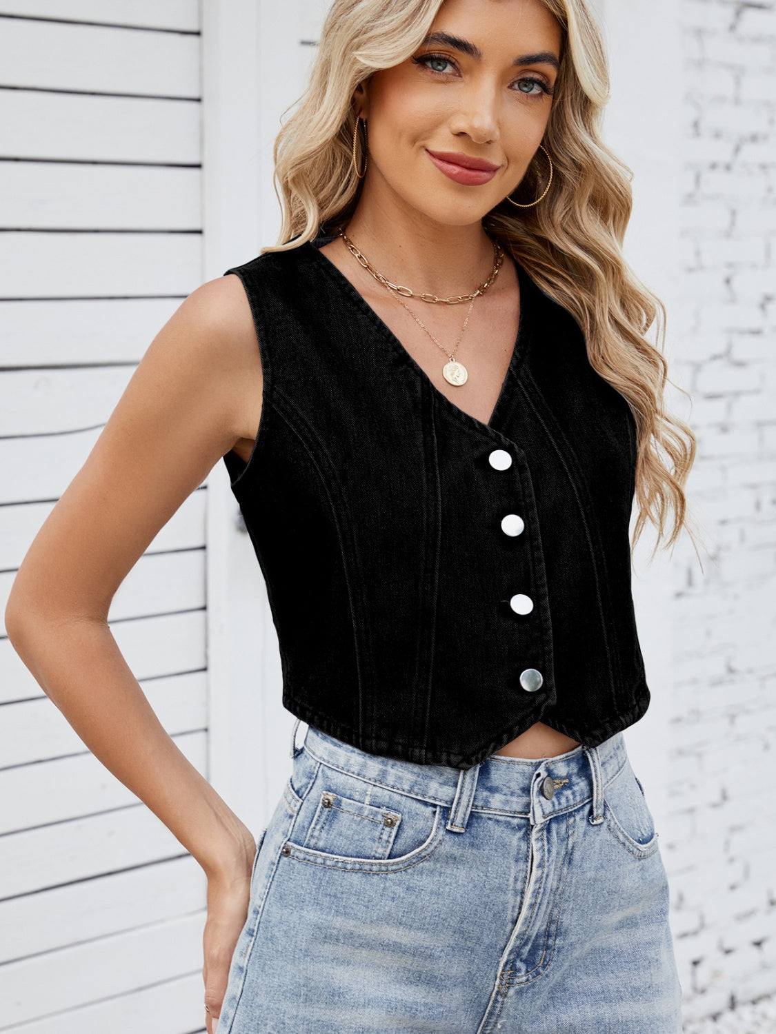 V-Neck Button Down Denim Vest - Little Miss Vanilla