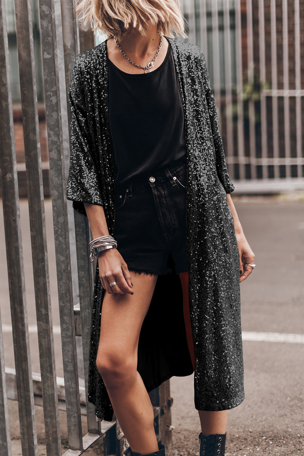 Black Sequin 3/4 Sleeve Open Front Duster Kimono - Little Miss Vanilla