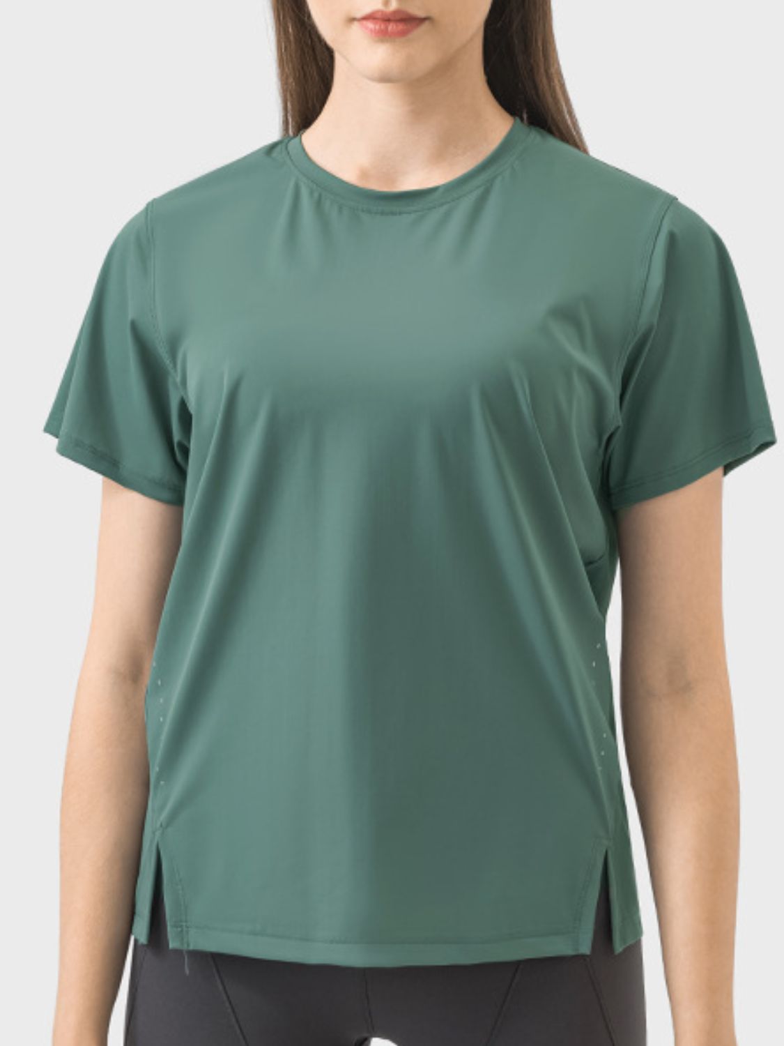 Millennia Slit Round Neck Short Sleeve Active T-Shirt - Little Miss Vanilla