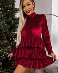 Racing Red Velvet High Neck Tiered Ruffle Mini Dress - Little Miss Vanilla